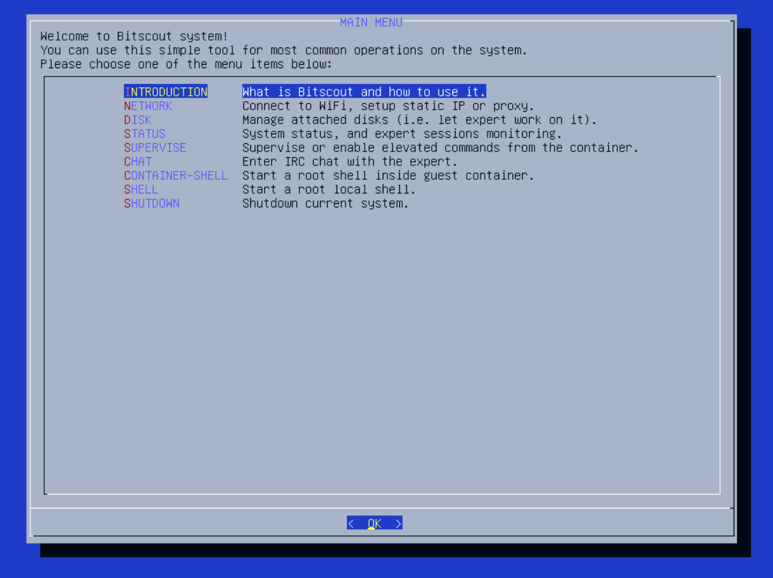 Bitscout management tool main menu