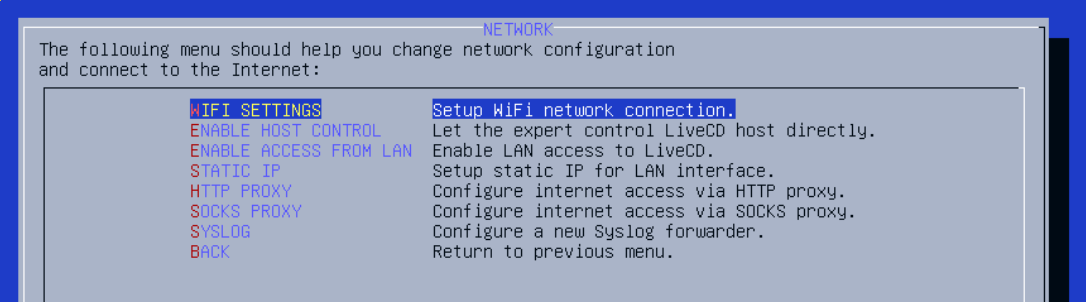 Bitscout management tool Network submenu